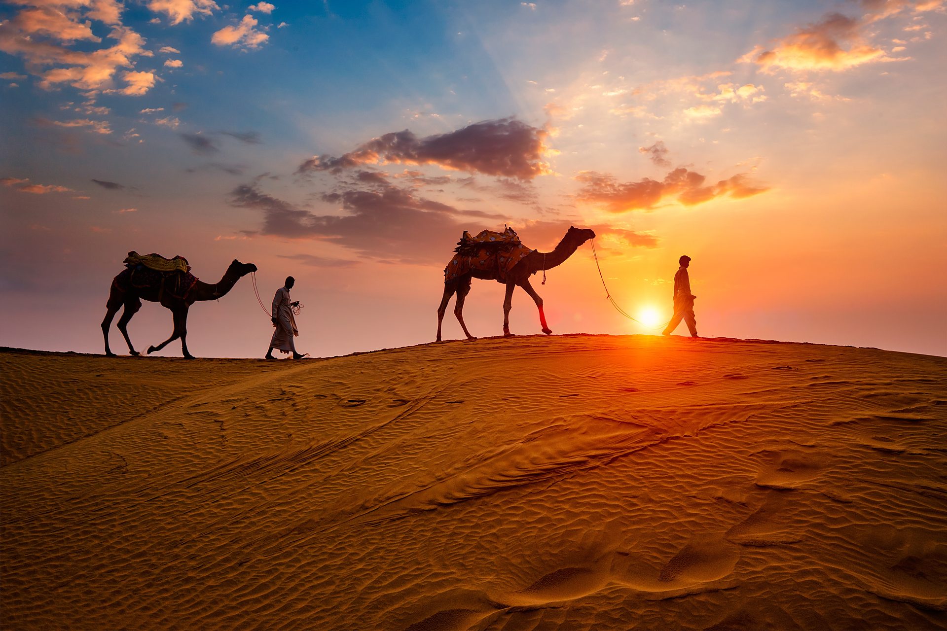 Camel safari in Jaisalmer at sunset - Thar desert dunes near Jadam Resort