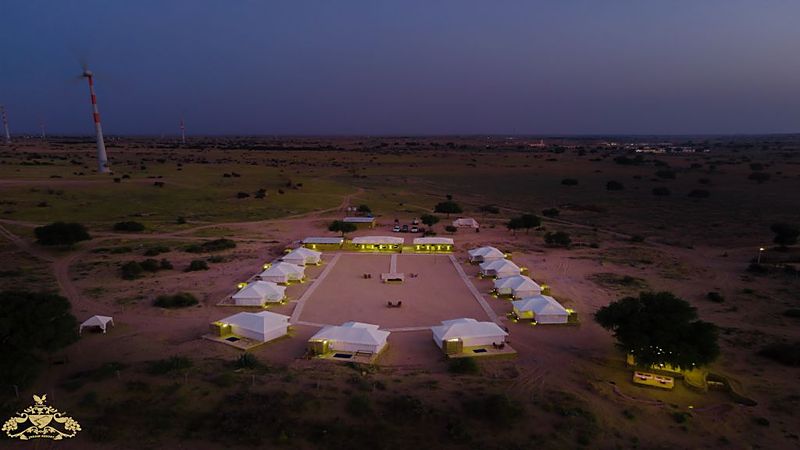 Aerial drone photo of desert camp in Jaisalmer Thar desert