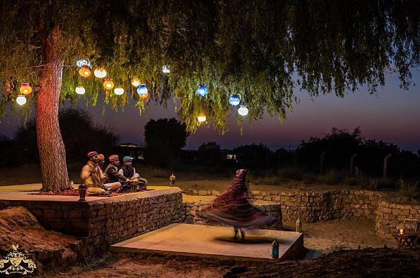 Tree with hanging lights at desert camp Jaisalmer evening