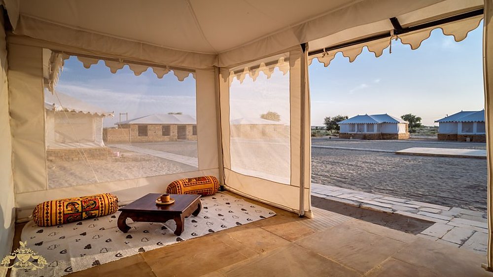 Sitting area inside royal desert tent in Jaisalmer