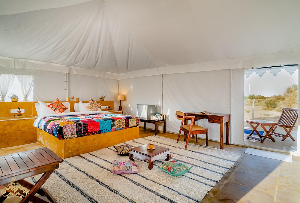 Swiss tent in Jaisalmer interior with modern furnishing at Jadam Resort desert camp